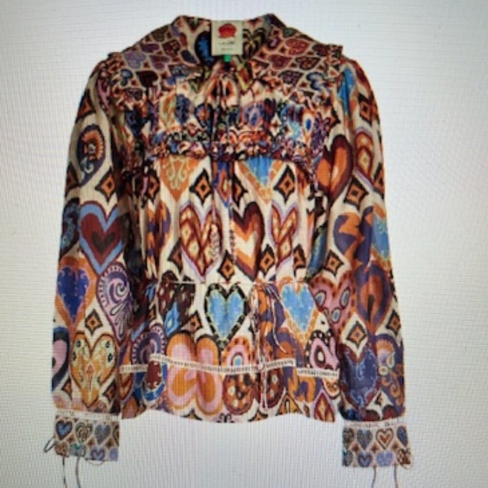 Farm Rio Hearts Ikat Cream Long Sleeves 100% Cotton Blouse